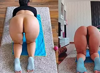 Double the fun with curvy milf ass worshiping during naked yoga workout