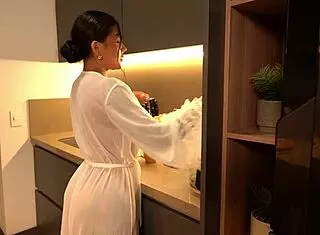 Latina busty brunette surprised by burglar, ends up fucking hard in lingerie 😏