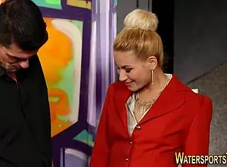 spunked slut gets a golden shower after deepthroat action, pure filth