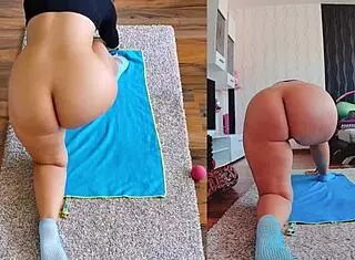 Double the fun with curvy milf ass worshiping during naked yoga workout