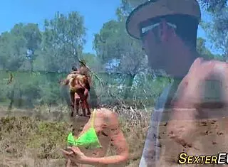 this teen babe in bikini gives a blowjob outdoor and gets a facial